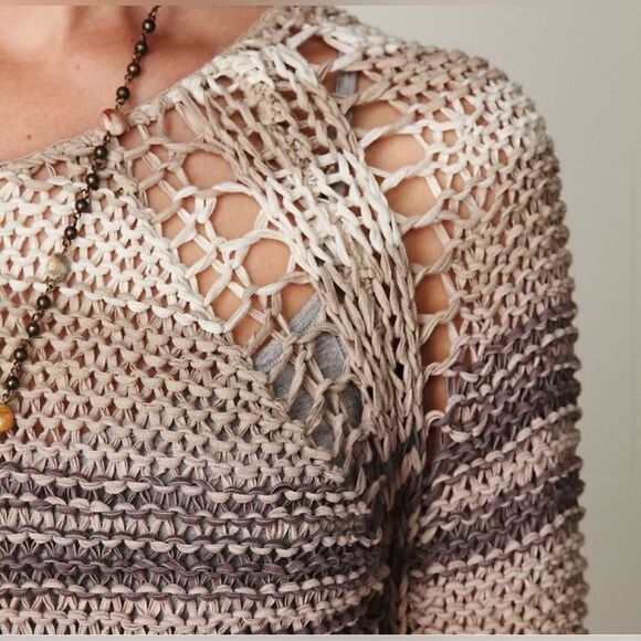Free People Desert Moon Striped Pullover crochet Sweater in beige neutrals. S - Picture 3 of 10